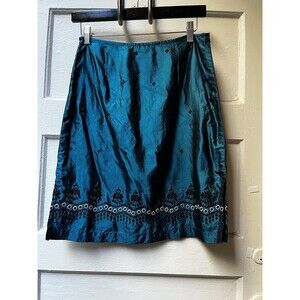 Womens  100% Silk A-Line Skirt S Blue Boho Celestial Indian Embroidered Satin